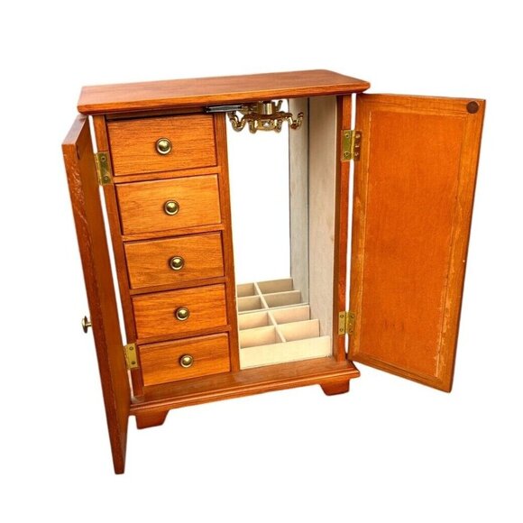 Unbranded Other - Vintage Wood Jewelry Box  2-Door Mirror 5 Drawers Armoire Lined